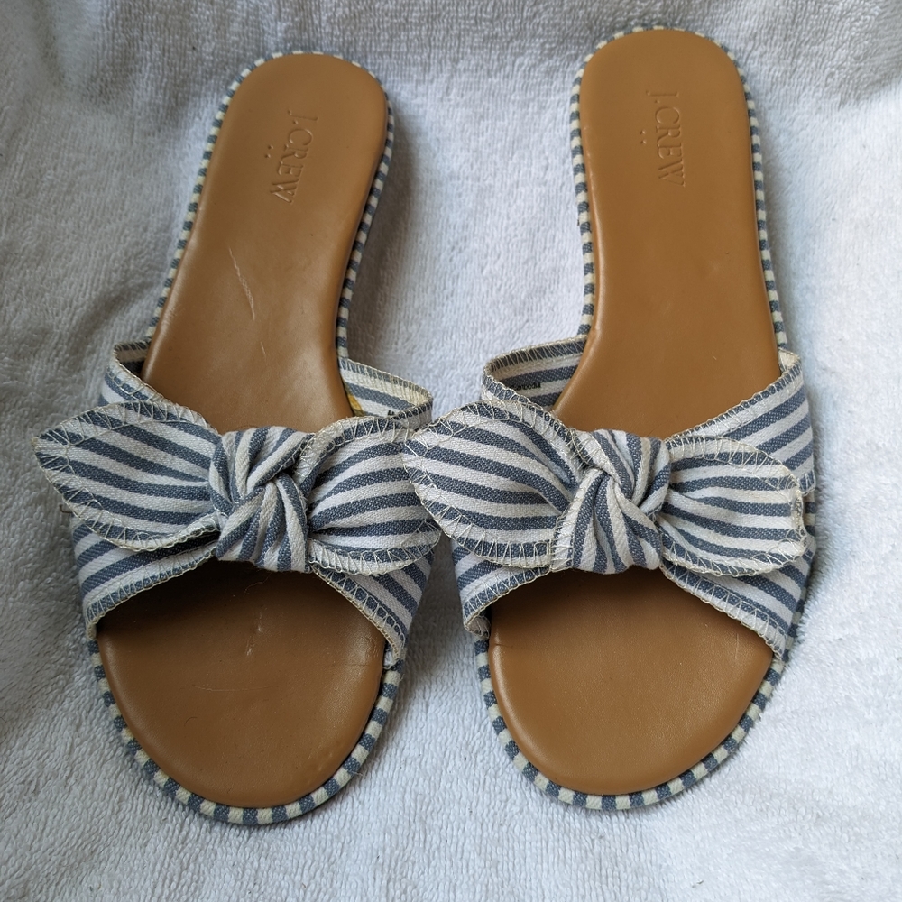 J. Crew Preppy Striped Bow Leather Nautical Slides